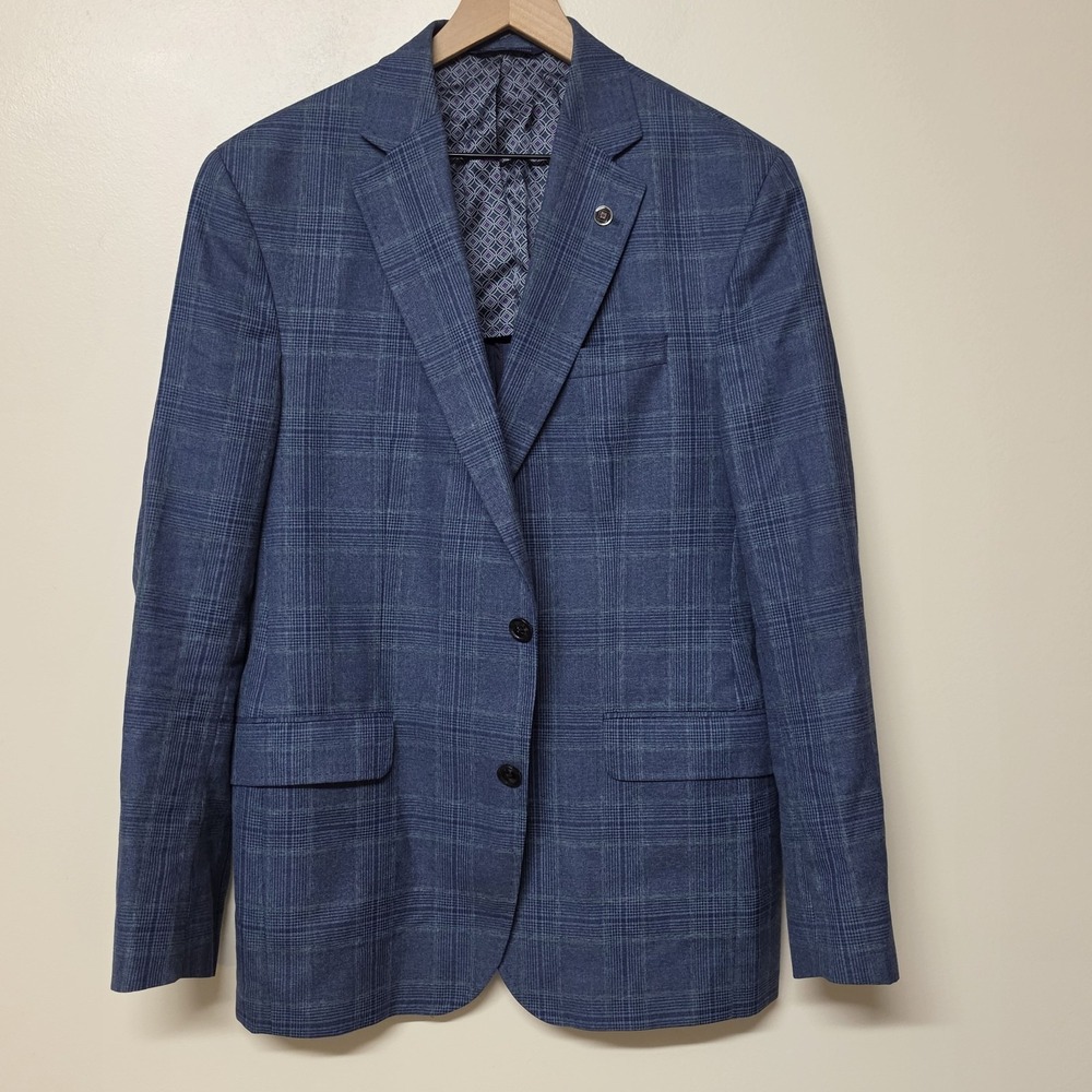 Ted Baker Endurance Blue Windowpane Sport Coat Blazer 42R Wool Silk Unstructured